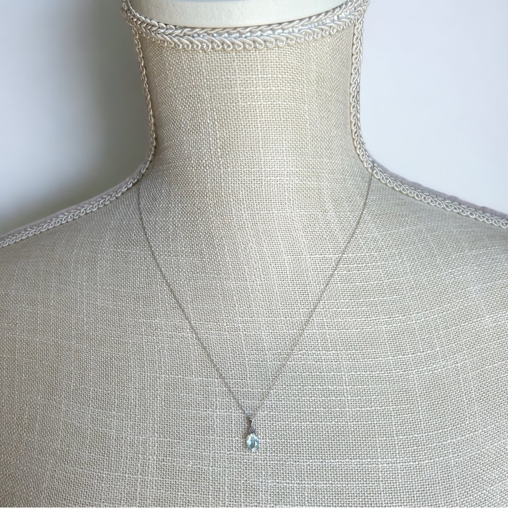 10K White Gold Oval Aquamarine Diamond Accent Pendant Necklace - Picture 3 of 8